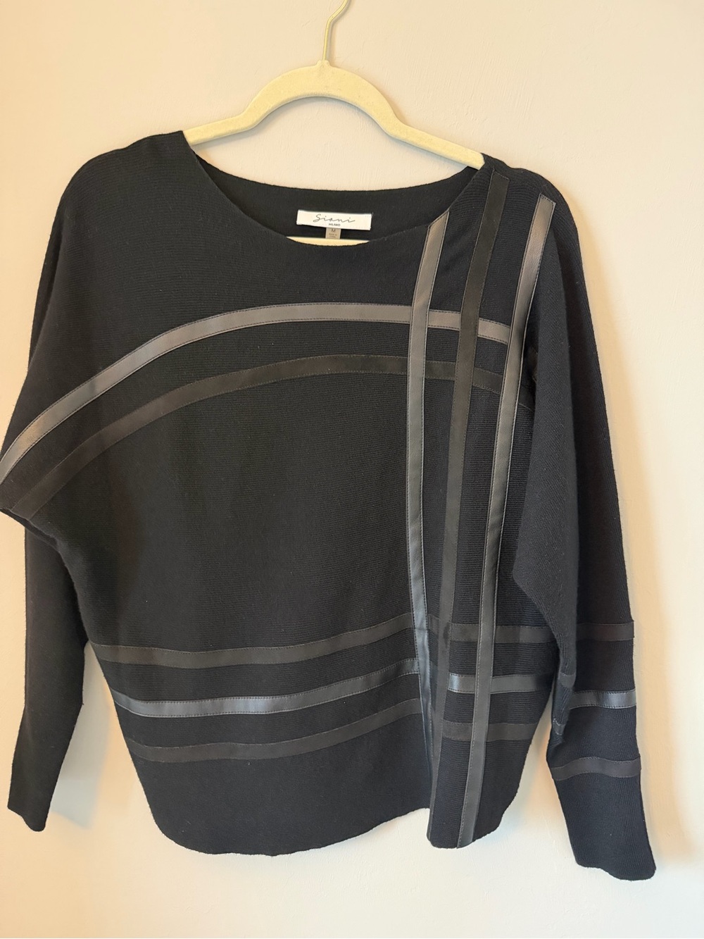 Sioni Black Crewneck Sweater with Satin Stripe Details